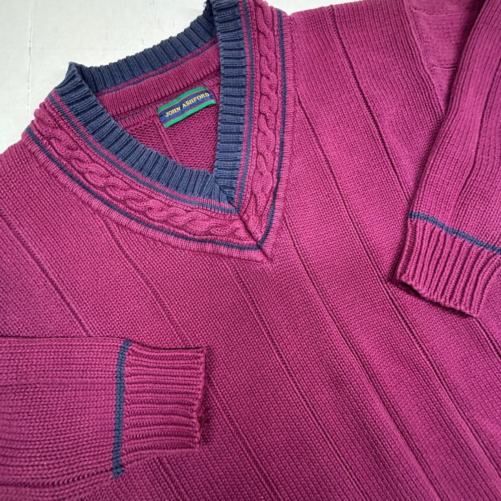 VTG John Ashford Mens Medium Cable Knit Sweater Burgundy V Neck Tennis Cotton EC